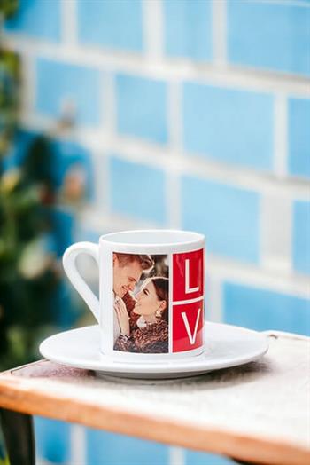 Love Yazılı 2 Fotoğraflı Beyaz Türk Kahvesi Fincanı