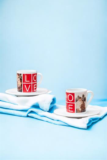 Love Yazılı 2 Fotoğraflı İkili Beyaz Türk Kahvesi Fincanı