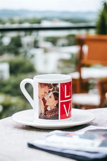 Love Yazılı 2 Fotoğraflı İkili Beyaz Türk Kahvesi Fincanı
