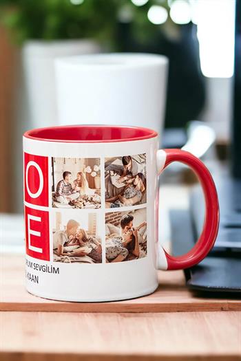 Love Yazılı 8 Fotoğraflı İkili Renkli Kupa Bardak