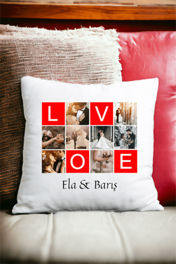 Love Yazılı 8 Fotoğraflı Saten Kare Yastık