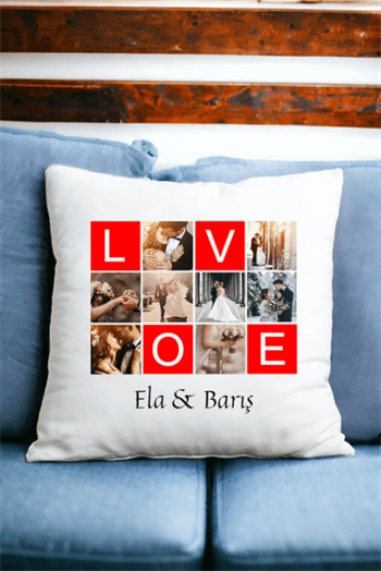 Love Yazılı 8 Fotoğraflı Saten Kare Yastık