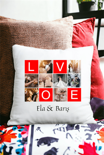 Love Yazılı 8 Fotoğraflı Saten Kare Yastık