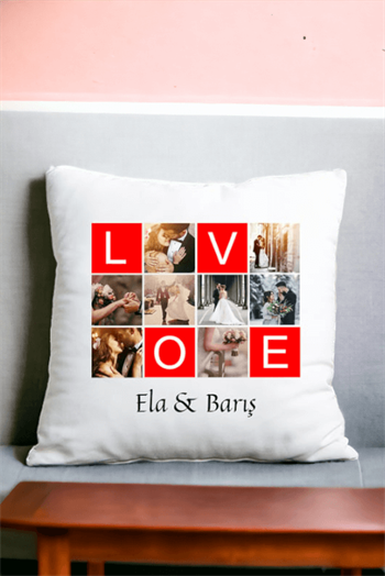 Love Yazılı 8 Fotoğraflı Saten Kare Yastık