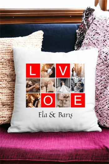 Love Yazılı 8 Fotoğraflı Saten Kare Yastık