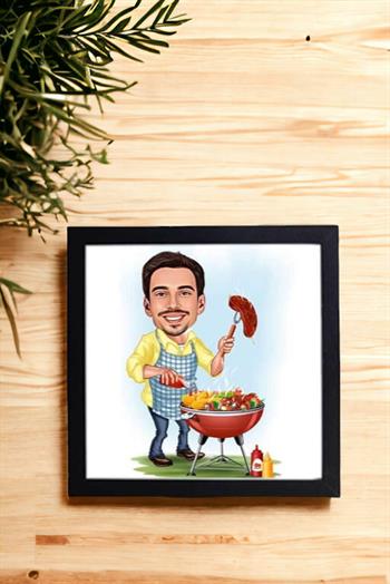 Mangal Yapmayı Seven Erkeklere Hediye Karikatürlü Kare Çerçeve