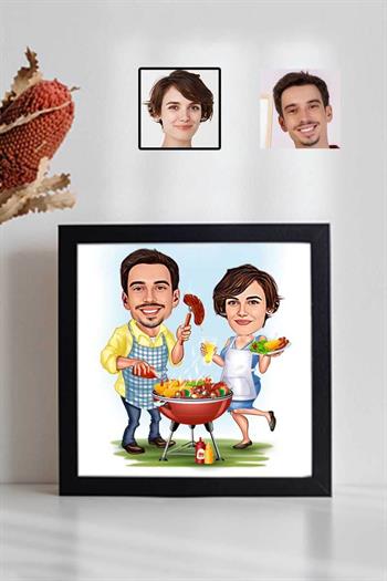 Mangalcı Sevgililere Hediye Karikatürlü Kare Çerçeve