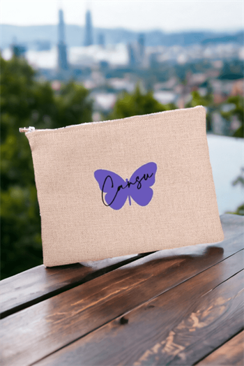 Mor Kelebek Tasarım Keten Bez El Çantası