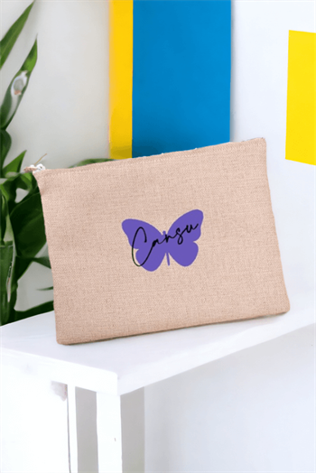 Mor Kelebek Tasarım Keten Bez El Çantası