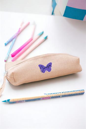 Mor Kelebek Tasarım Keten Bez Kalemlik