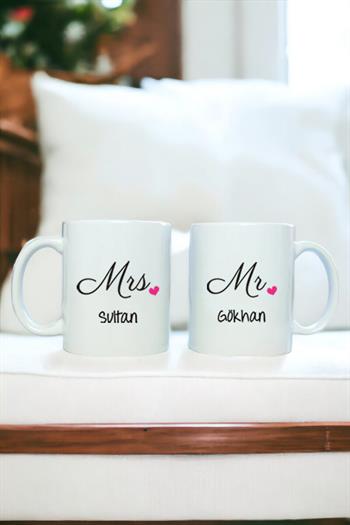 Mr Mrs Tasarım İsim Yazılı İkili Beyaz Kupa Bardak