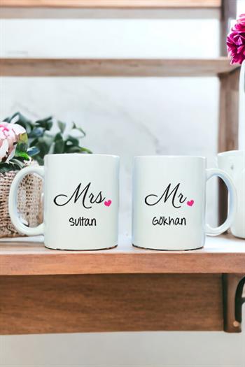Mr Mrs Tasarım İsim Yazılı İkili Beyaz Kupa Bardak