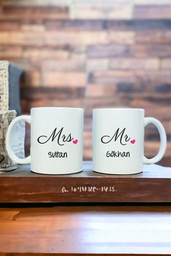 Mr Mrs Tasarım İsim Yazılı İkili Beyaz Kupa Bardak