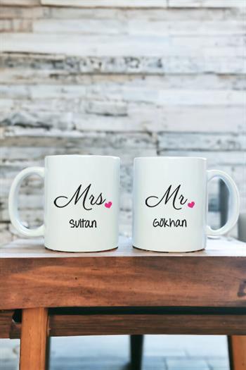 Mr Mrs Tasarım İsim Yazılı İkili Beyaz Kupa Bardak
