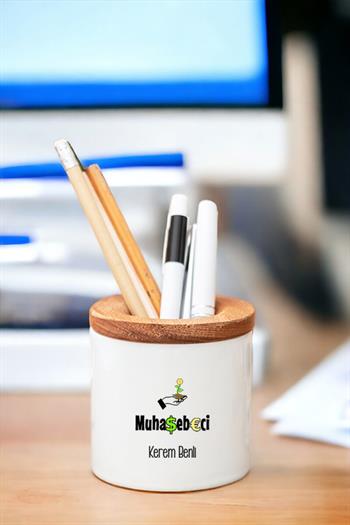 Muhasebeci Ahşap Kapaklı Kalemlik