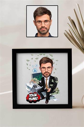 Bankacı Sevgiliye Hediye Karikatürlü Kare Çerçeve