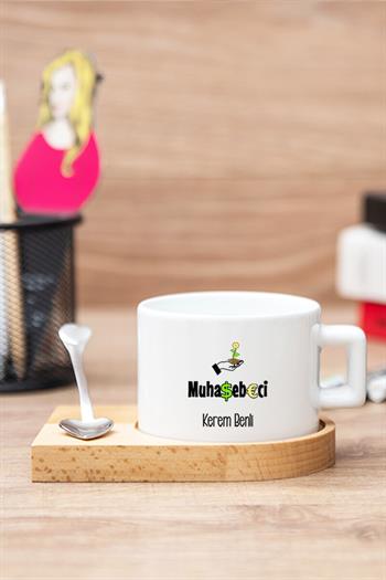 Muhasebeciye Hediye Seti Ahşap Altlıklı Fincan ve Kalemlik