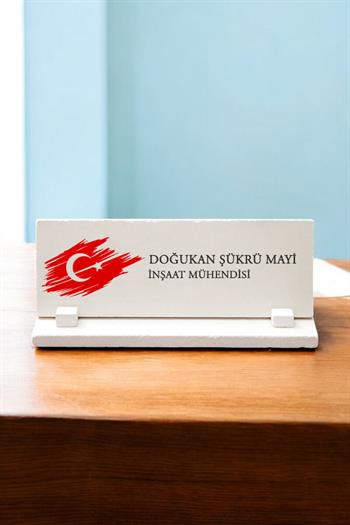 Ofis Hediyesi Türk Bayraklı Kişiye Özel Taş Masa İsimliği