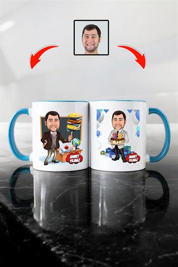 Öğretmene Doğum Günü Hediyesi Erkek Öğretmen Karikatürlü Kupa Bardak