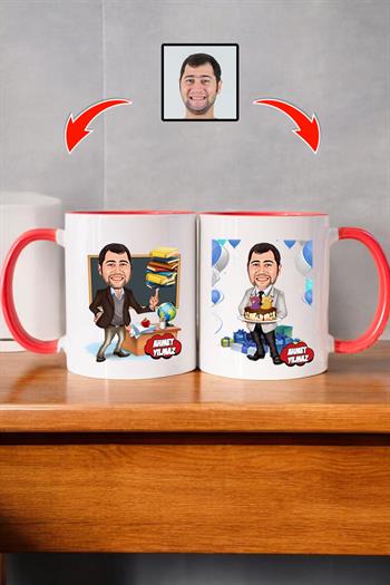 Öğretmene Doğum Günü Hediyesi Erkek Öğretmen Karikatürlü Kupa Bardak