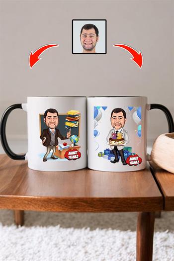 Öğretmene Doğum Günü Hediyesi Erkek Öğretmen Karikatürlü Kupa Bardak