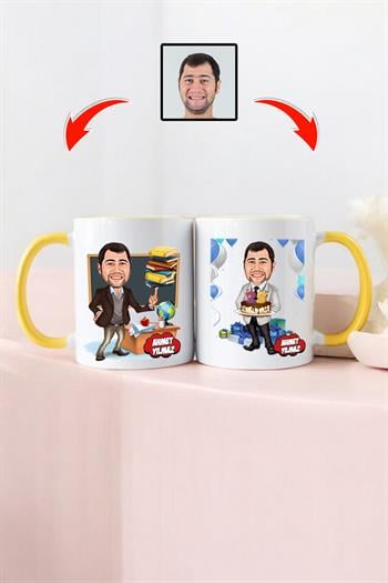 Öğretmene Doğum Günü Hediyesi Erkek Öğretmen Karikatürlü Kupa Bardak