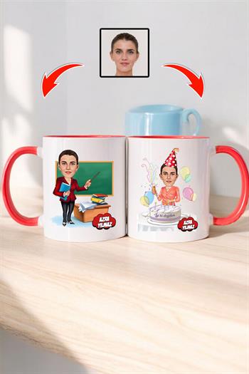 Öğretmene Doğum Günü Hediyesi Kadın Öğretmen Karikatürlü Kupa Bardak