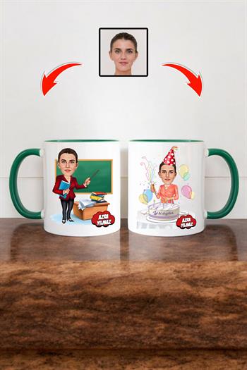 Öğretmene Doğum Günü Hediyesi Kadın Öğretmen Karikatürlü Kupa Bardak