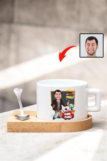 Öğretmene Hediye Kişiye Özel Karikatürlü Ahşap Altlıklı Fincan