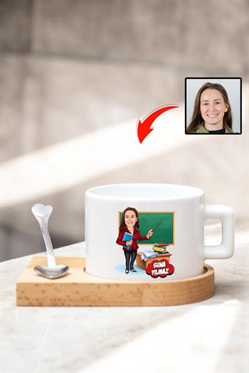 Öğretmene Hediye Kişiye Özel Karikatürlü Ahşap Altlıklı Fincan