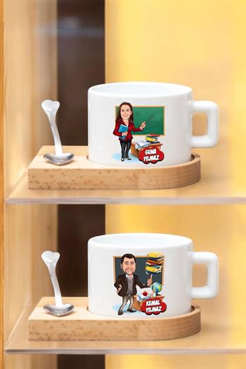 Öğretmene Hediye Kişiye Özel Karikatürlü Ahşap Altlıklı Fincan