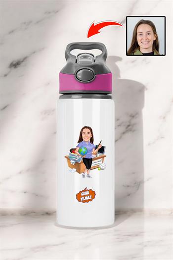 Öğretmenler Günü Hediyesi Karikatürlü Pipetli Su Matarası