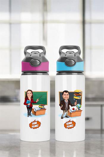 Öğretmenler Günü Hediyesi Karikatürlü Pipetli Su Matarası