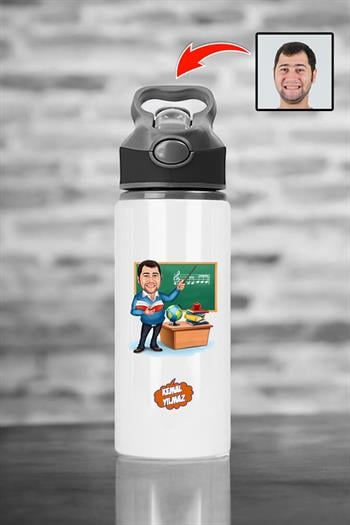 Öğretmenler Günü Hediyesi Karikatürlü Pipetli Su Matarası