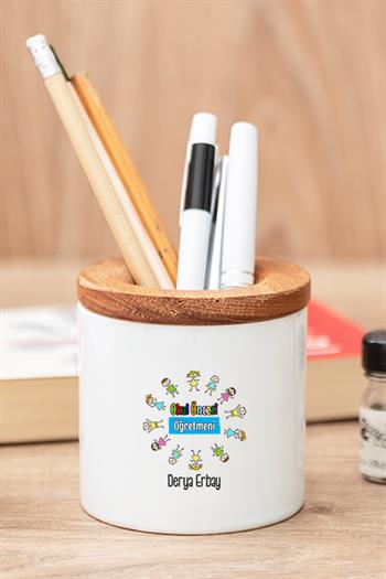 Okul Öncesi Öğretmenine Hediye Seti Ahşap Altlıklı Fincan ve Kalemlik
