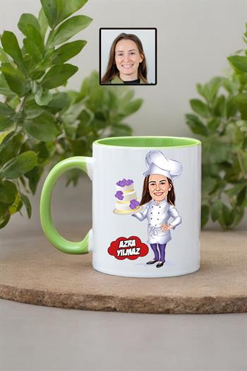 Pasta Şefine Hediye Kadın Şef Karikatürlü Kupa Bardak