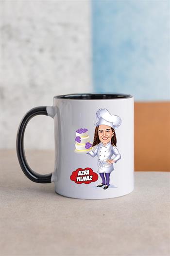 Pasta Şefine Hediye Kadın Şef Karikatürlü Kupa Bardak