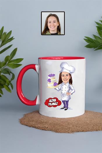 Pasta Şefine Hediye Kadın Şef Karikatürlü Kupa Bardak