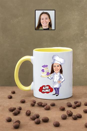 Pasta Şefine Hediye Kadın Şef Karikatürlü Kupa Bardak