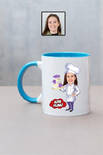 Pasta Şefine Hediye Kadın Şef Karikatürlü Kupa Bardak
