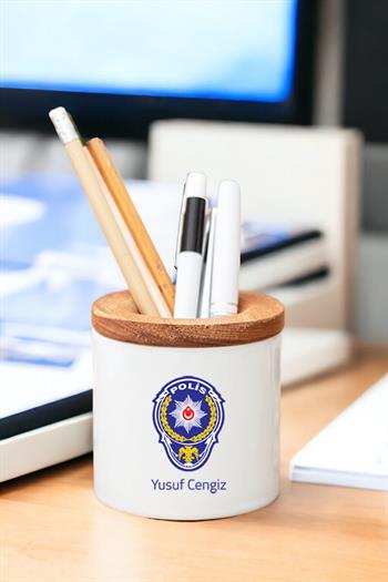 Polis Logolu Ahşap Kapaklı Kalemlik