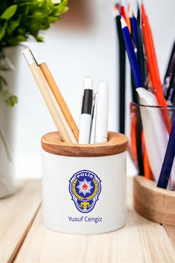 Polis Logolu Ahşap Kapaklı Kalemlik