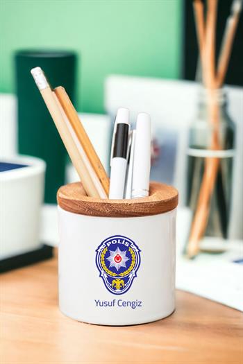 Polis Logolu Ahşap Kapaklı Kalemlik