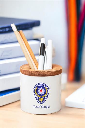Polis Logolu Ahşap Kapaklı Kalemlik