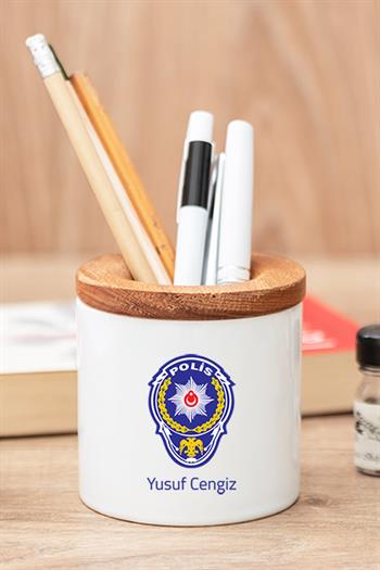 Polis Logolu Hediye Seti Ahşap Altlıklı Fincan ve Kalemlik