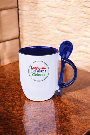 Porselen Logo Baskılı Kaşıklı Lacivert Promosyon Kupa Bardak
