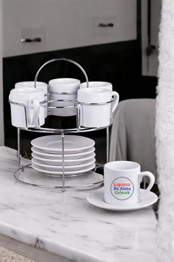 Porselen Logo Baskılı Papatya Standlı Promosyon Türk Kahvesi Fincanı Takımı