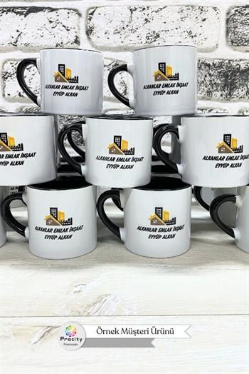 Porselen Logo Baskılı Promosyon İçi ve Kulpu Siyah Mini Kupa Bardak