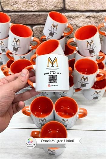 Porselen Logo Baskılı Promosyon İçi ve Kulpu Turuncu Mini Kupa Bardak