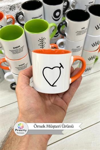 Porselen Logo Baskılı Promosyon İçi ve Kulpu Turuncu Mini Kupa Bardak